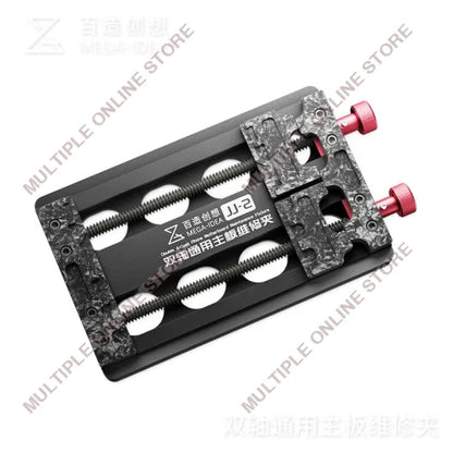 Camera mounting plate with adjustable positioning slots and red knobs